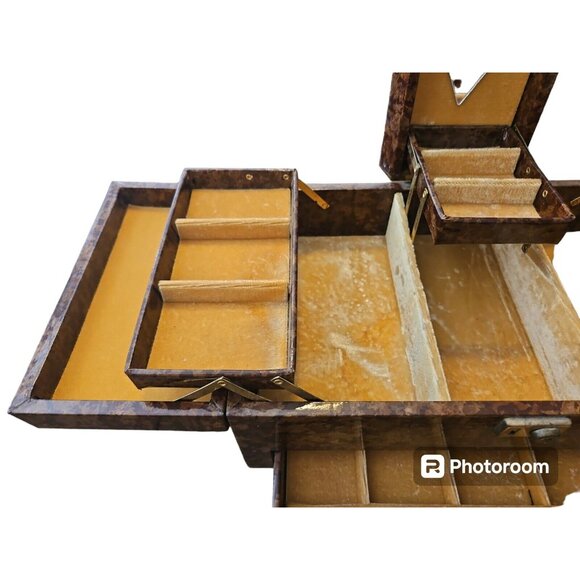 Vtg Jewelry Box Tri Fold Velvet Lined Gold Brown Marble Vinyl Mid Century - Picture 12 of 16